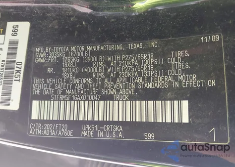 2010 Toyota Tundra Grade 4.6L V8 from USA, damaged, VIN 5TFRM5F16AX010047